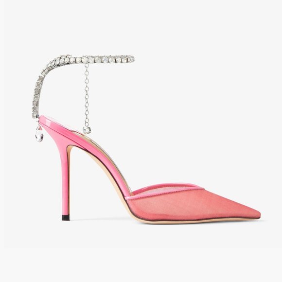 Jimmy Choo Saeda 100 Pointed Toe Mesh Pumps Pink Crystal Embellished Ankle Strap - Picture 2 of 9